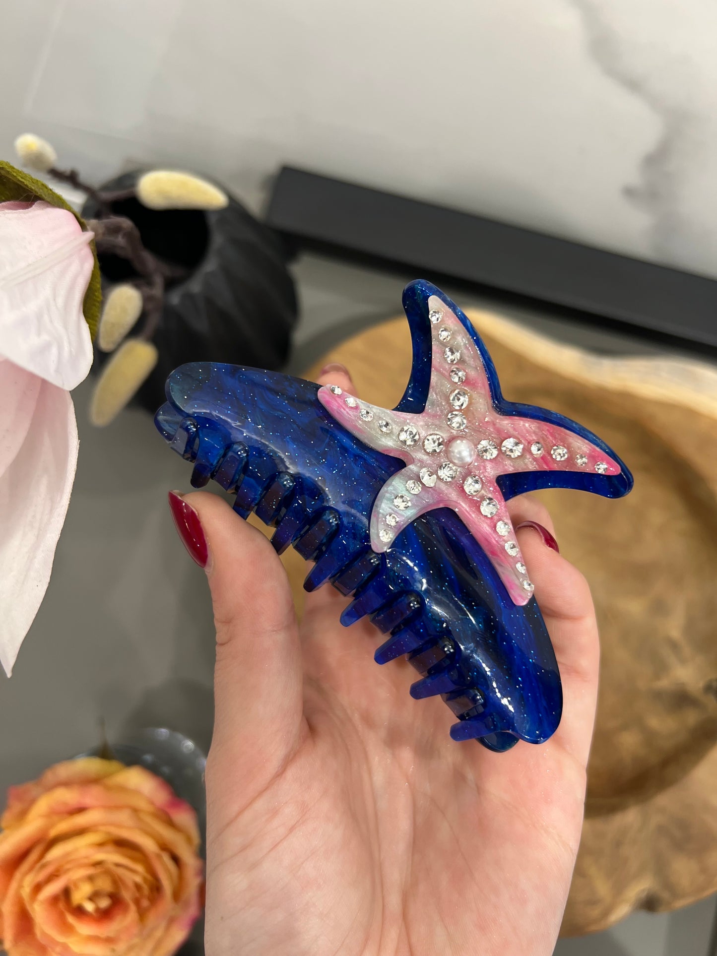 Fermaglio per capelli a forma di stella con diamanti blu scuro