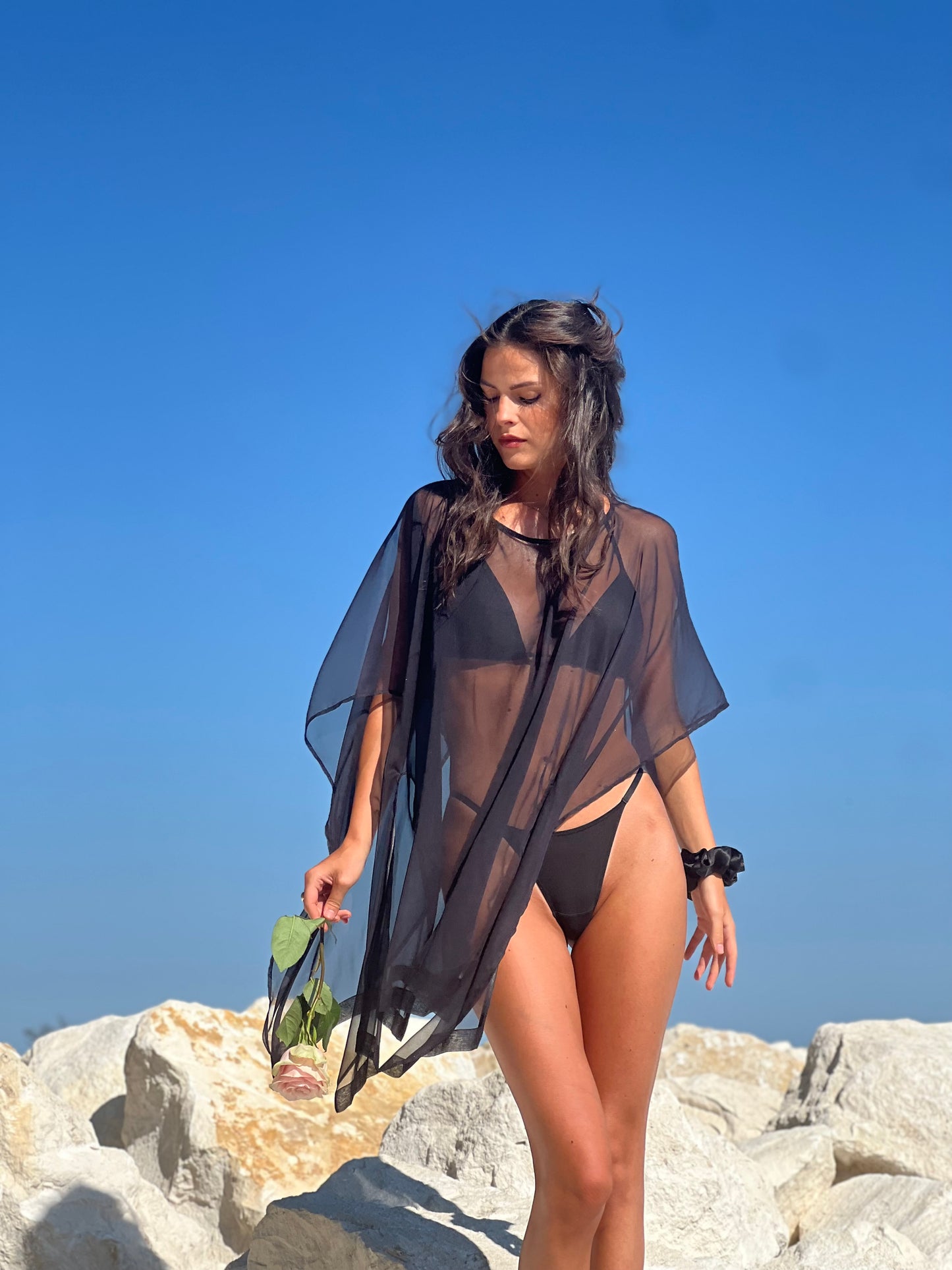 One size black silk poncho