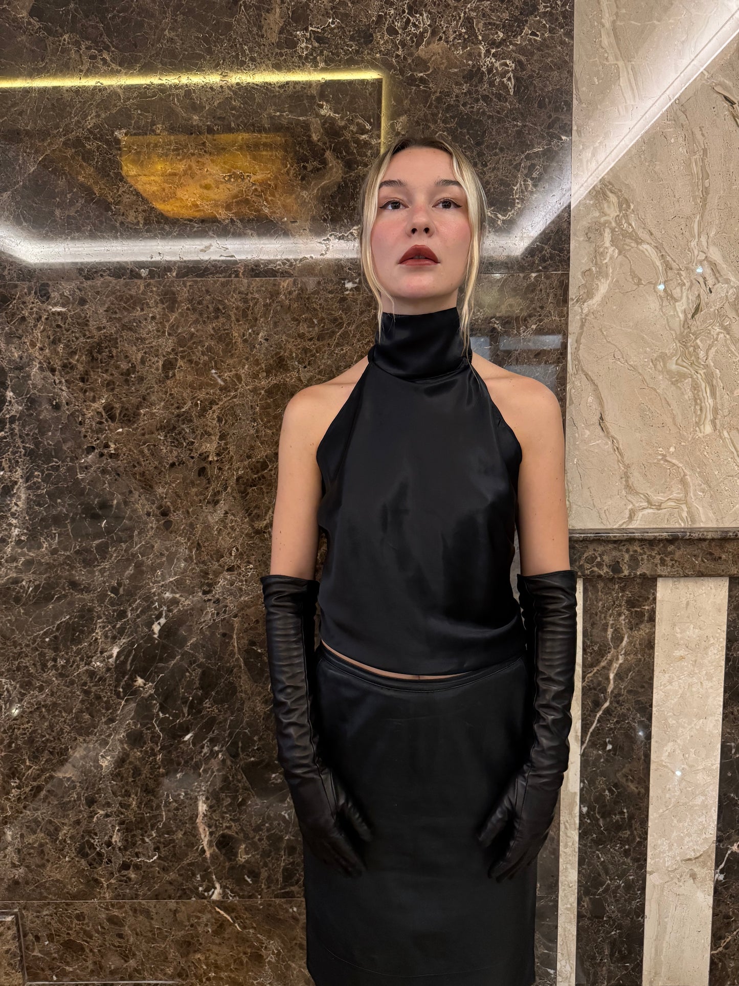 Black Silk Halter Neck Top