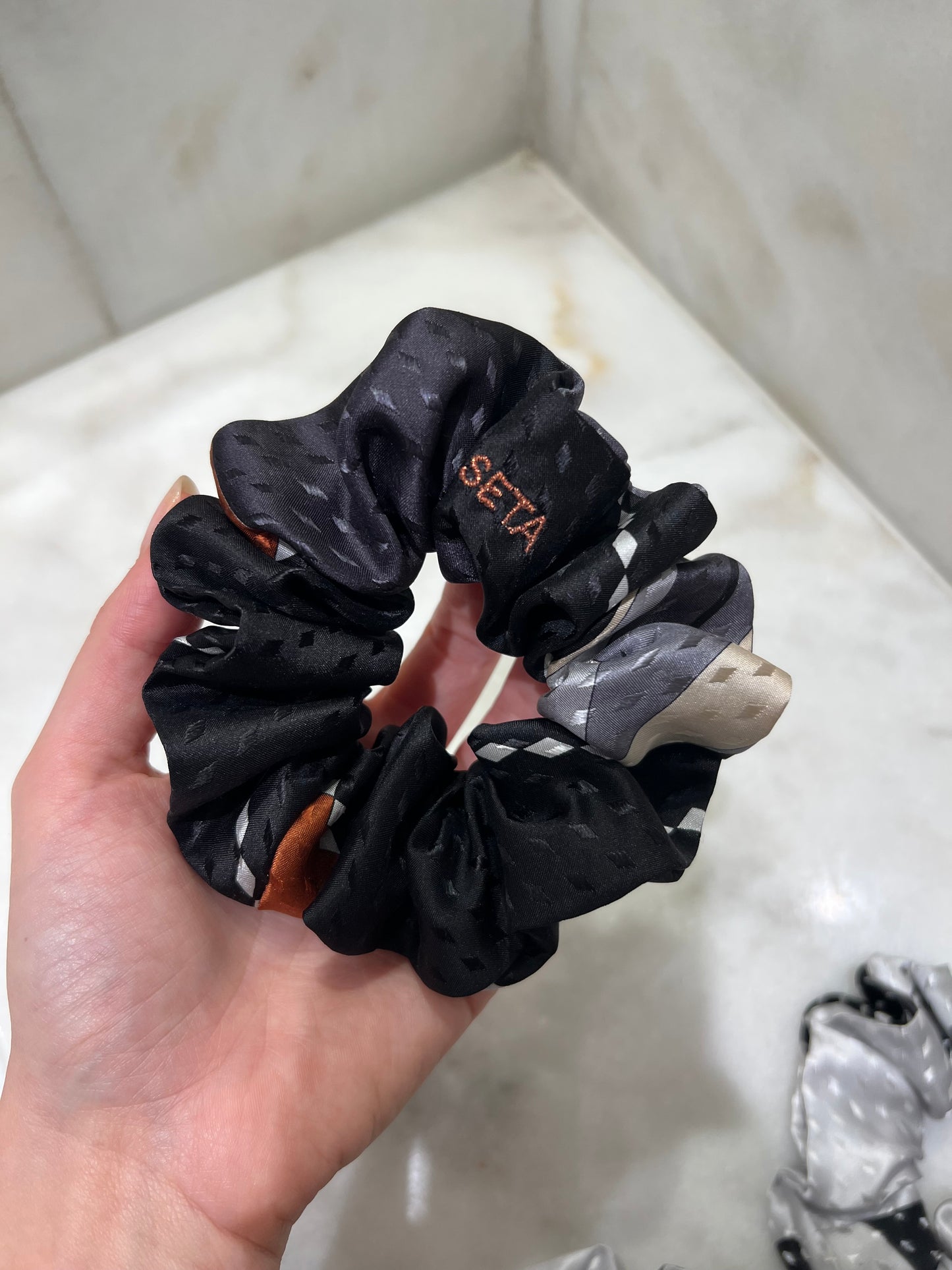 Black & Silver Designer Silk Scrunchie