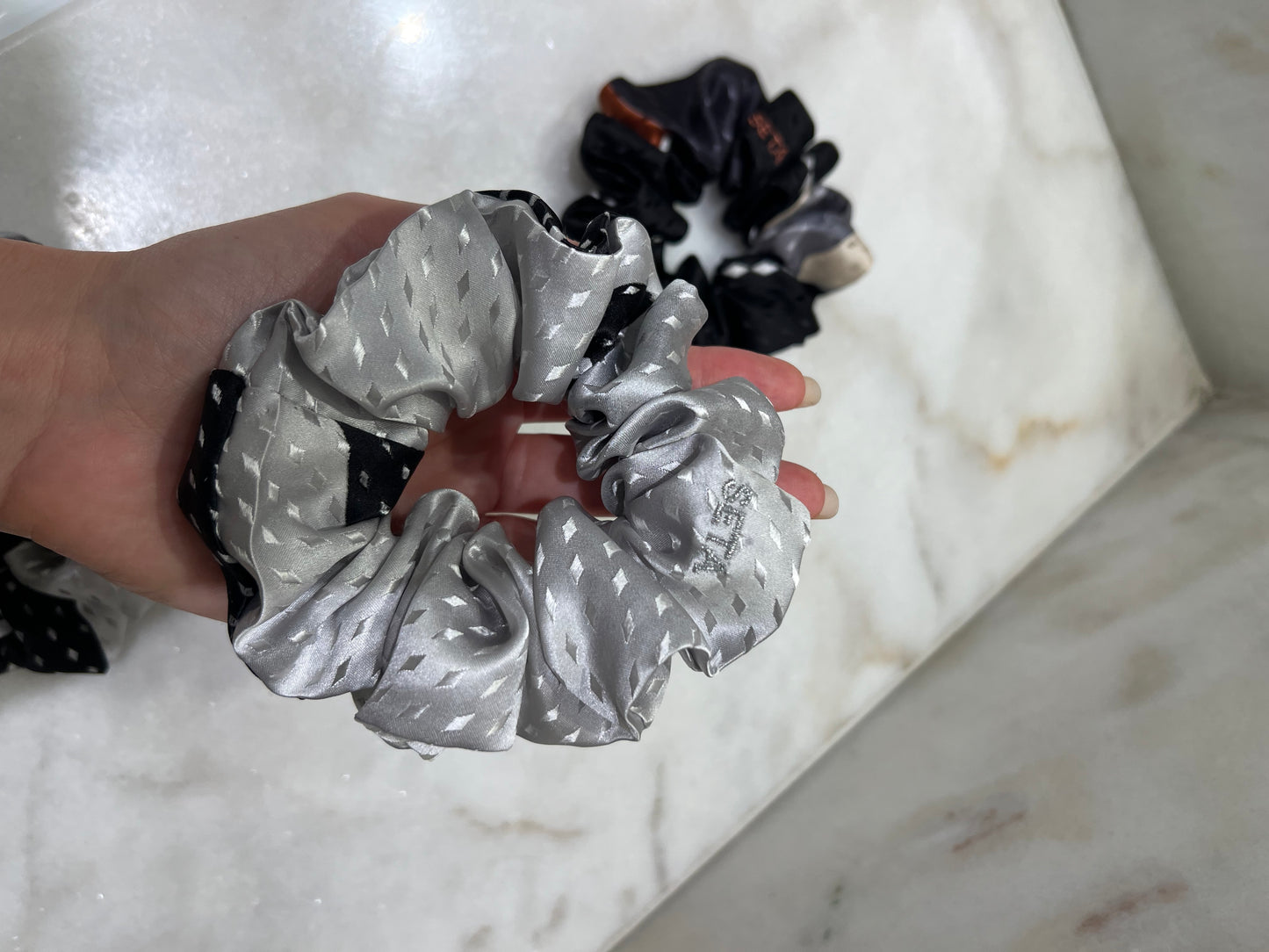Black & Silver Designer Silk Scrunchie