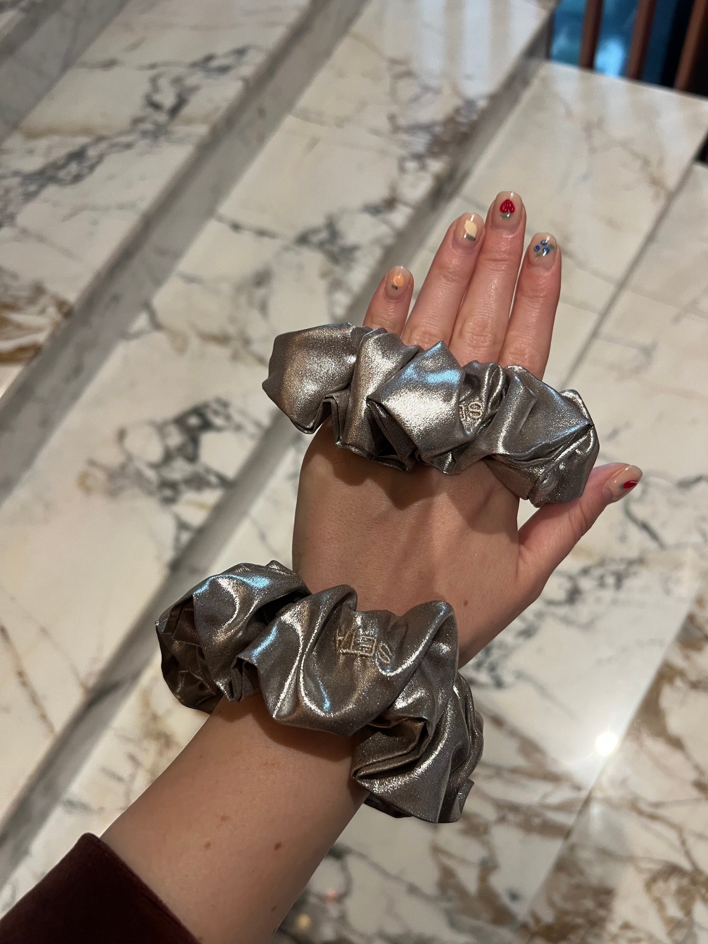 Silver Shine Silk Scrunchie