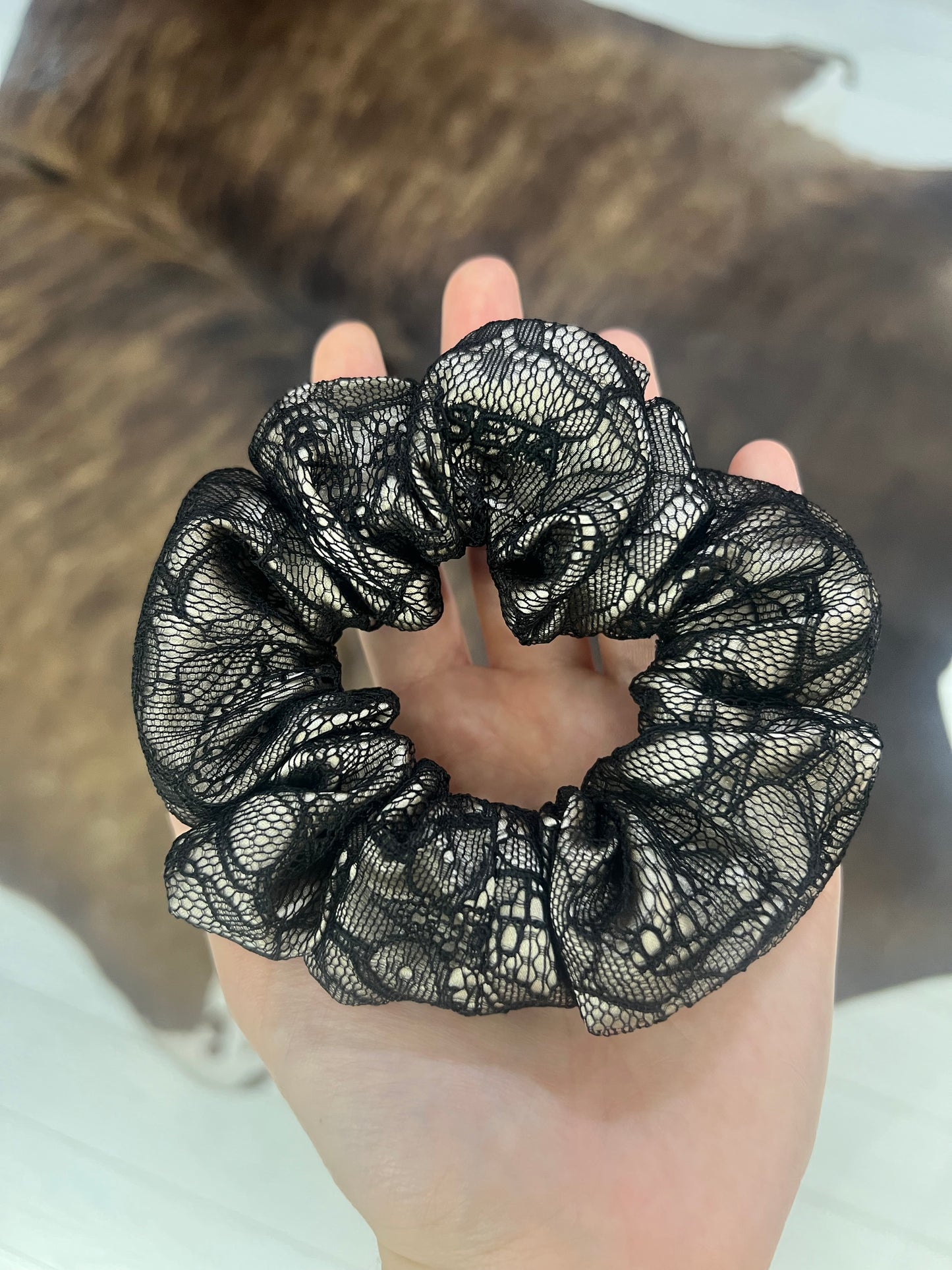 Black Nude Lace & Silk Scrunchie