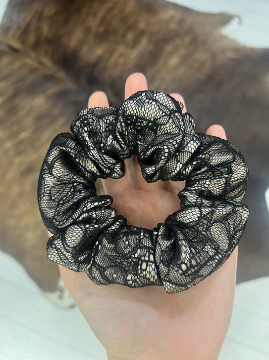 Black Nude Lace & Silk Scrunchie
