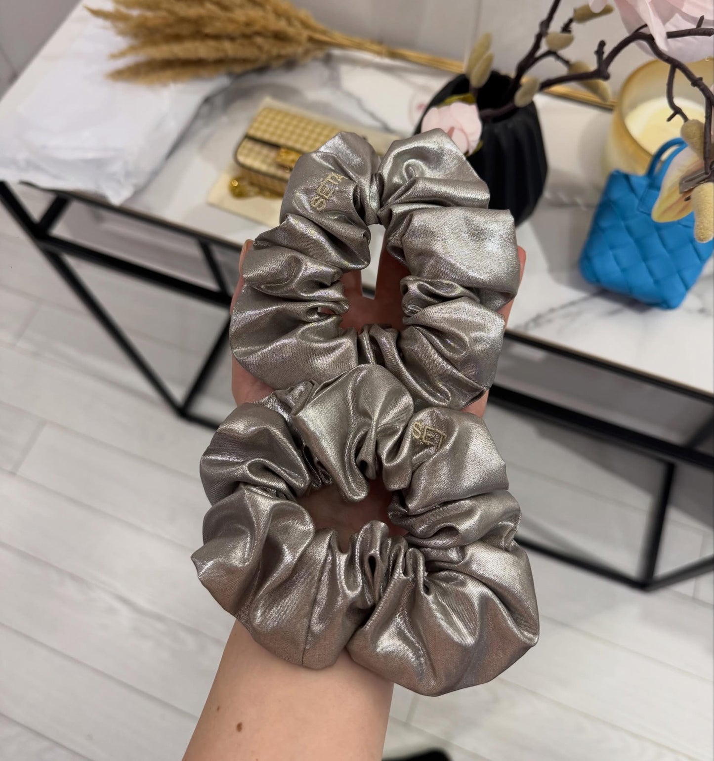 Silver Shine Silk Scrunchie