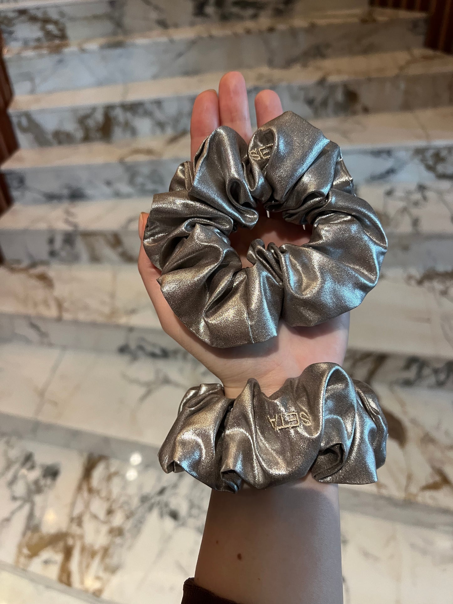 Silver Shine Silk Scrunchie