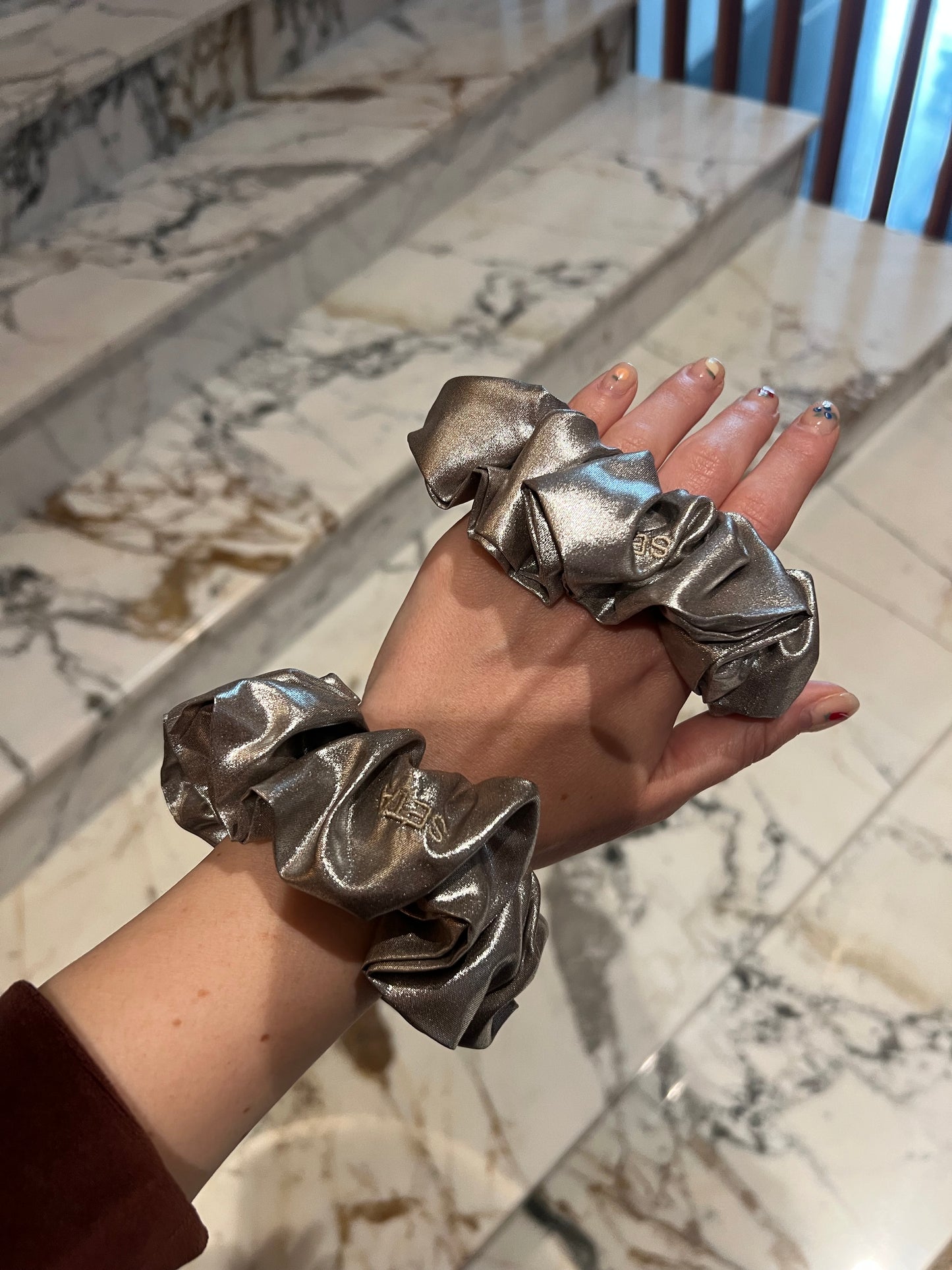 Silver Shine Silk Scrunchie