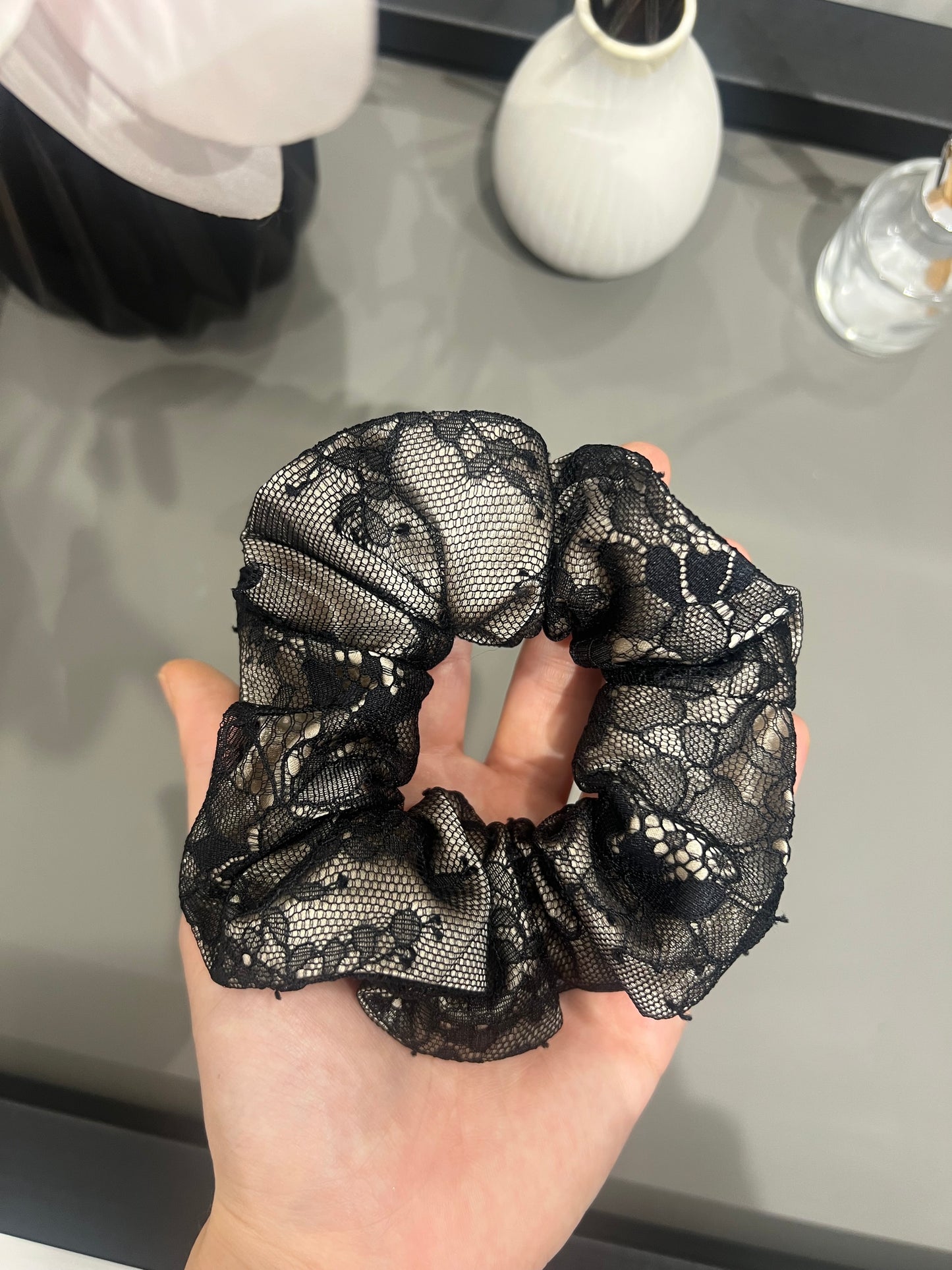 Black Nude Lace & Silk Scrunchie
