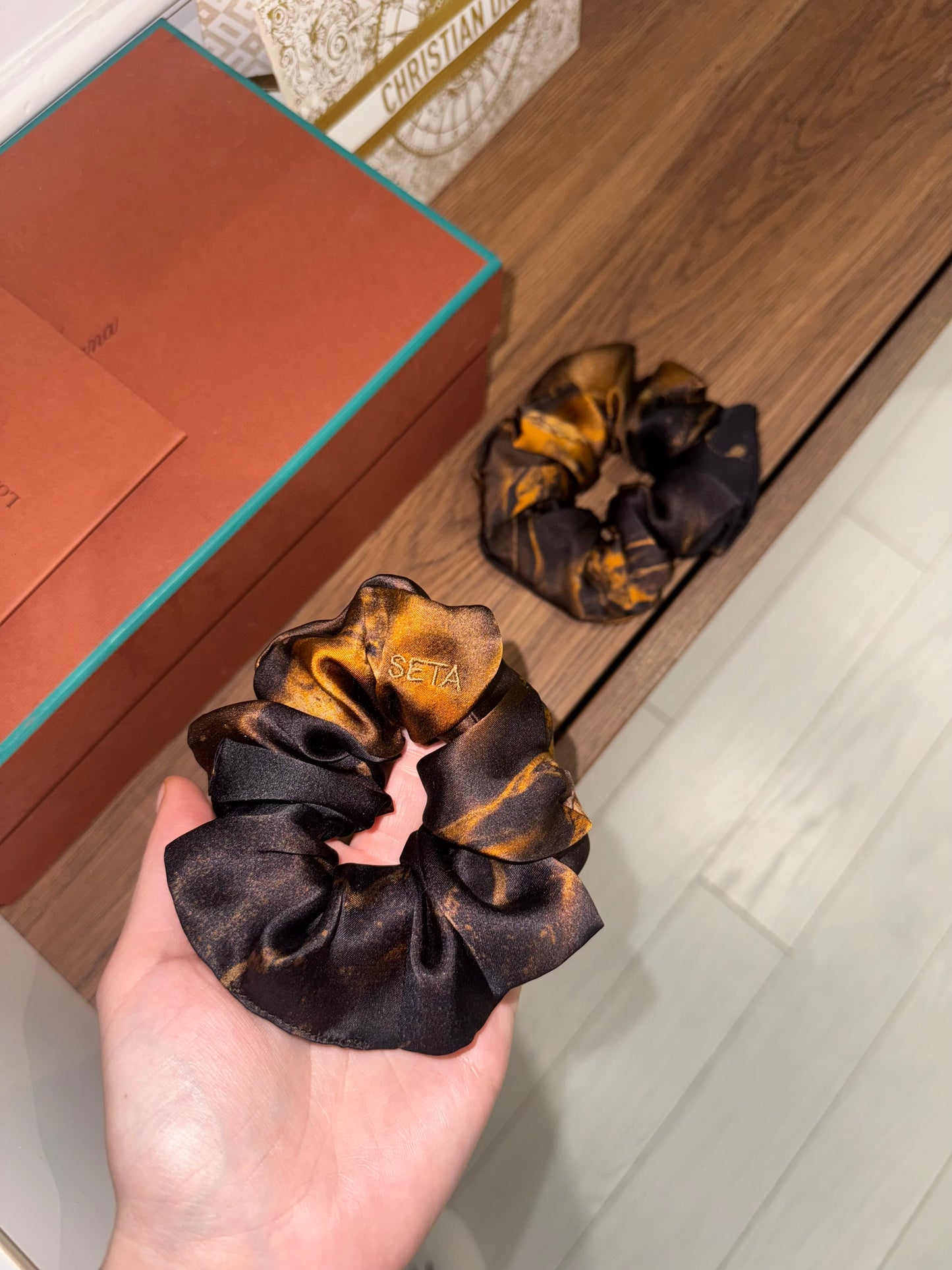 Black & Gold Marble Silk Scrunchie