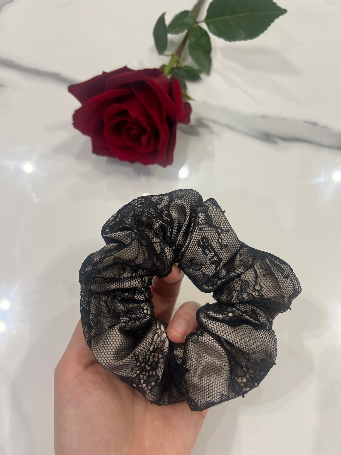 Black Nude Lace & Silk Scrunchie