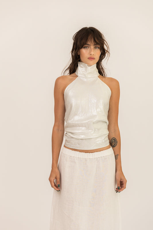 Top in lino con scollo all'americana