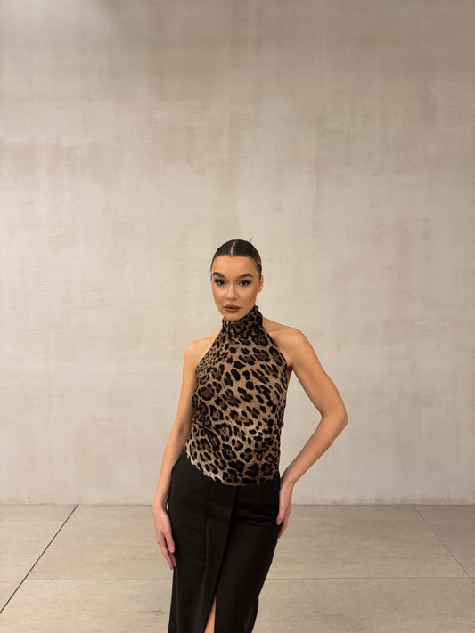 Leopard Silk Halter Neck Top