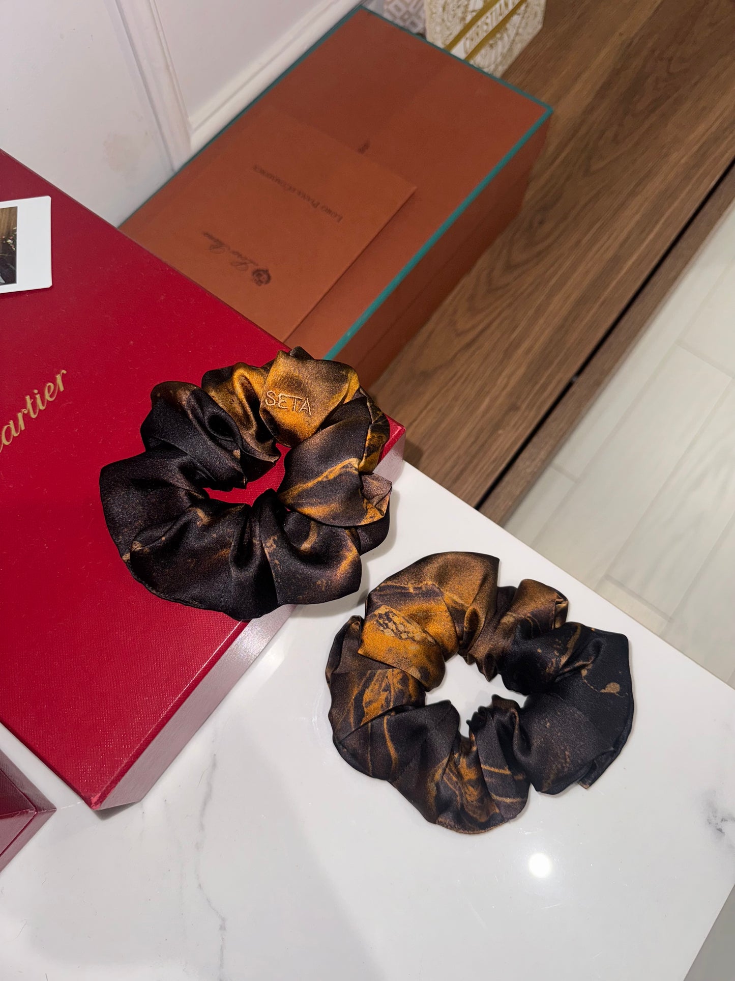 Black & Gold Marble Silk Scrunchie