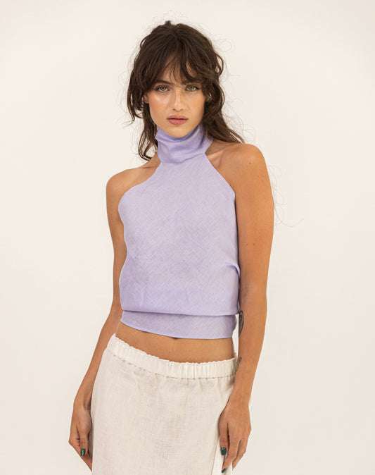 Top in lino con scollo all'americana