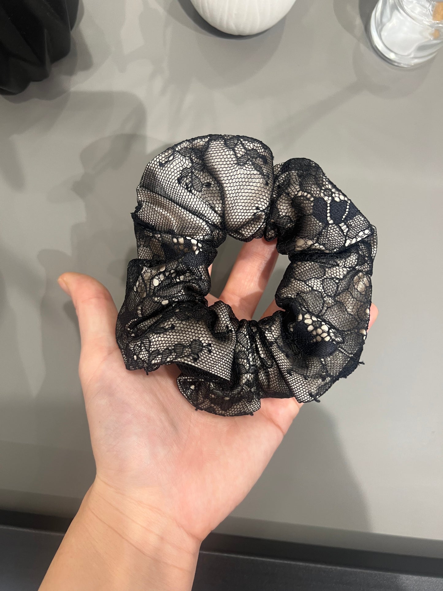 Black Nude Lace & Silk Scrunchie