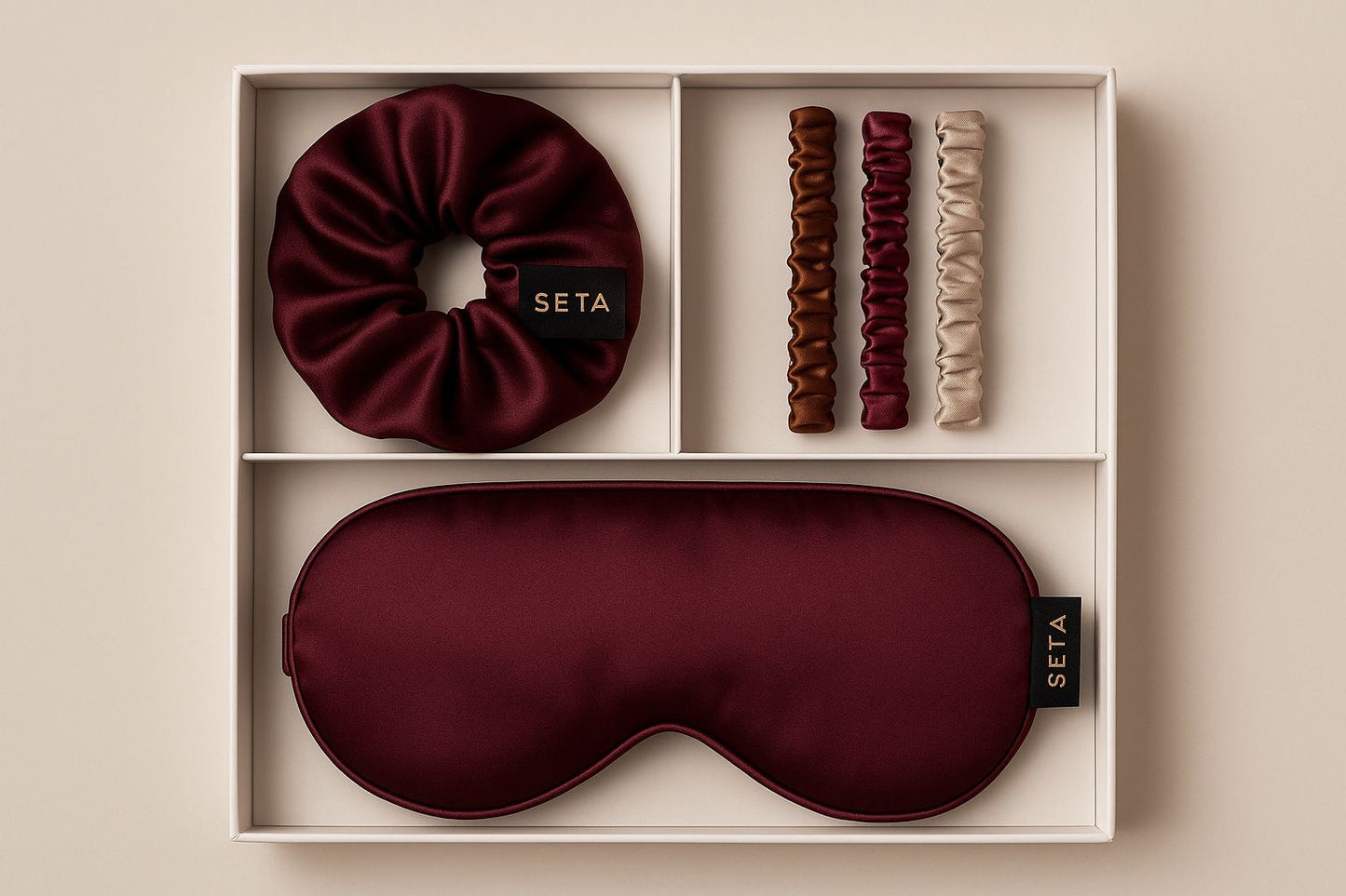 Bordeaux Silk Sleeping Mask & Scrunchie & 3pack skinnies