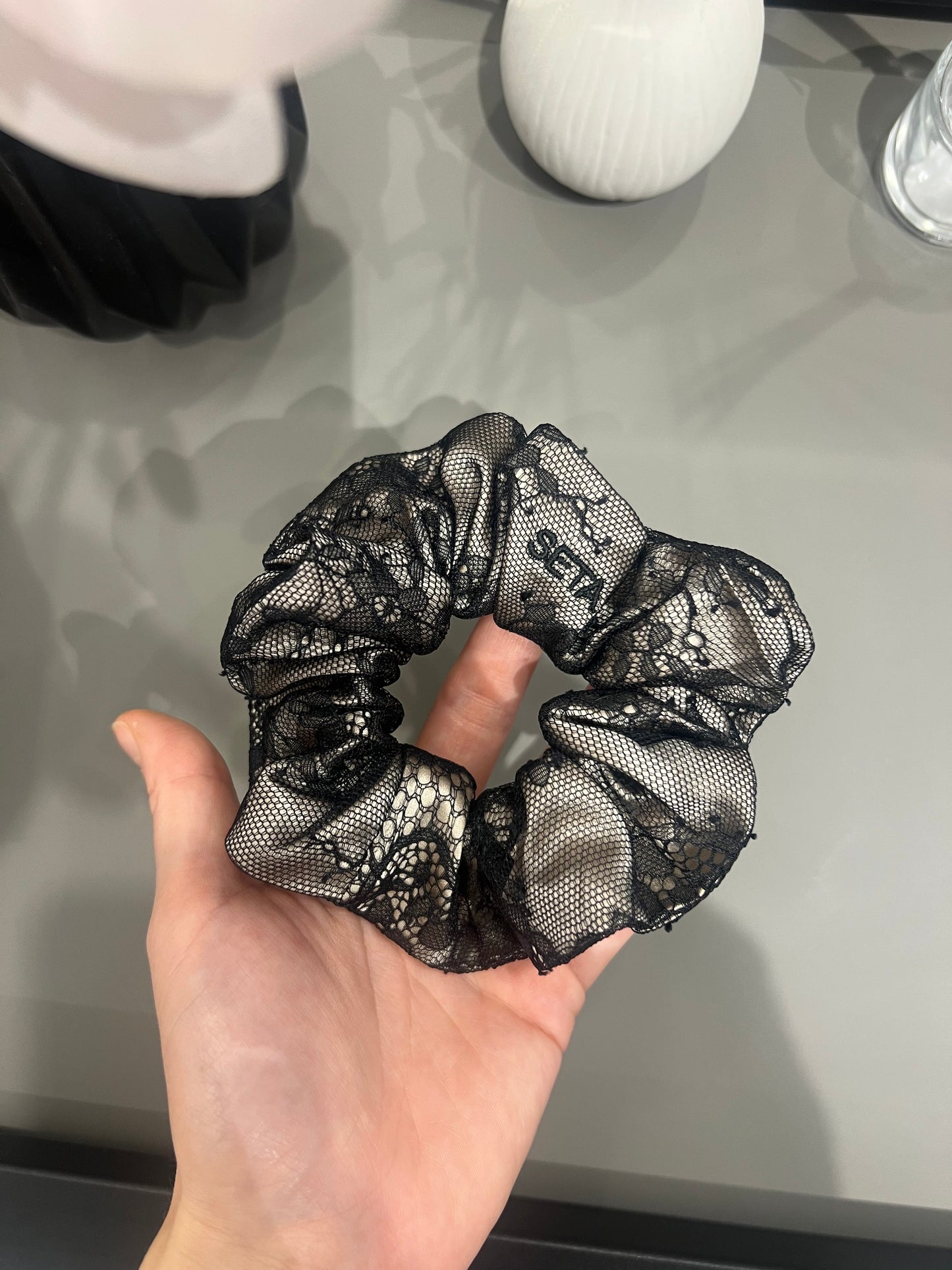 Black Nude Lace & Silk Scrunchie