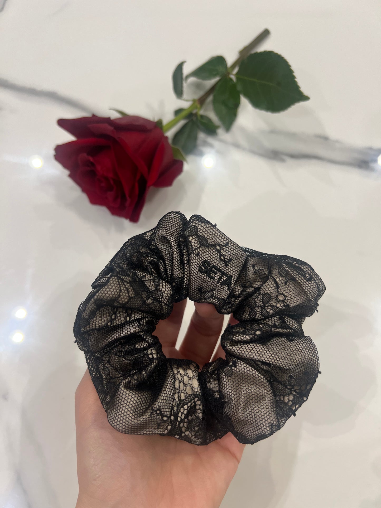 Black Nude Lace & Silk Scrunchie