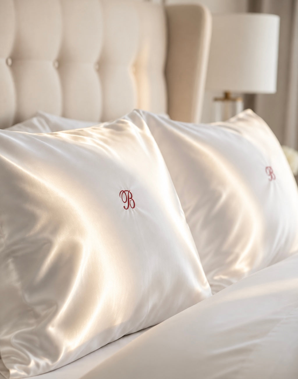 Two ivory silk pillowcases with embroidered initials