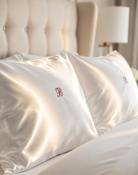 Two ivory silk pillowcases with embroidered initials