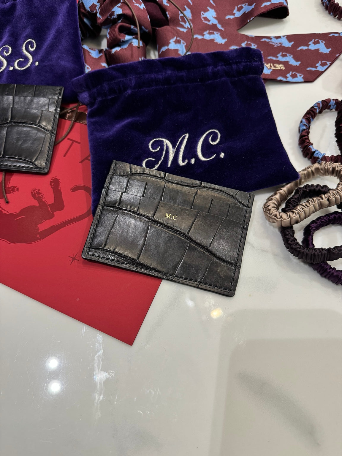 Black crocodile leather card holder with personalised initials and gift packaging