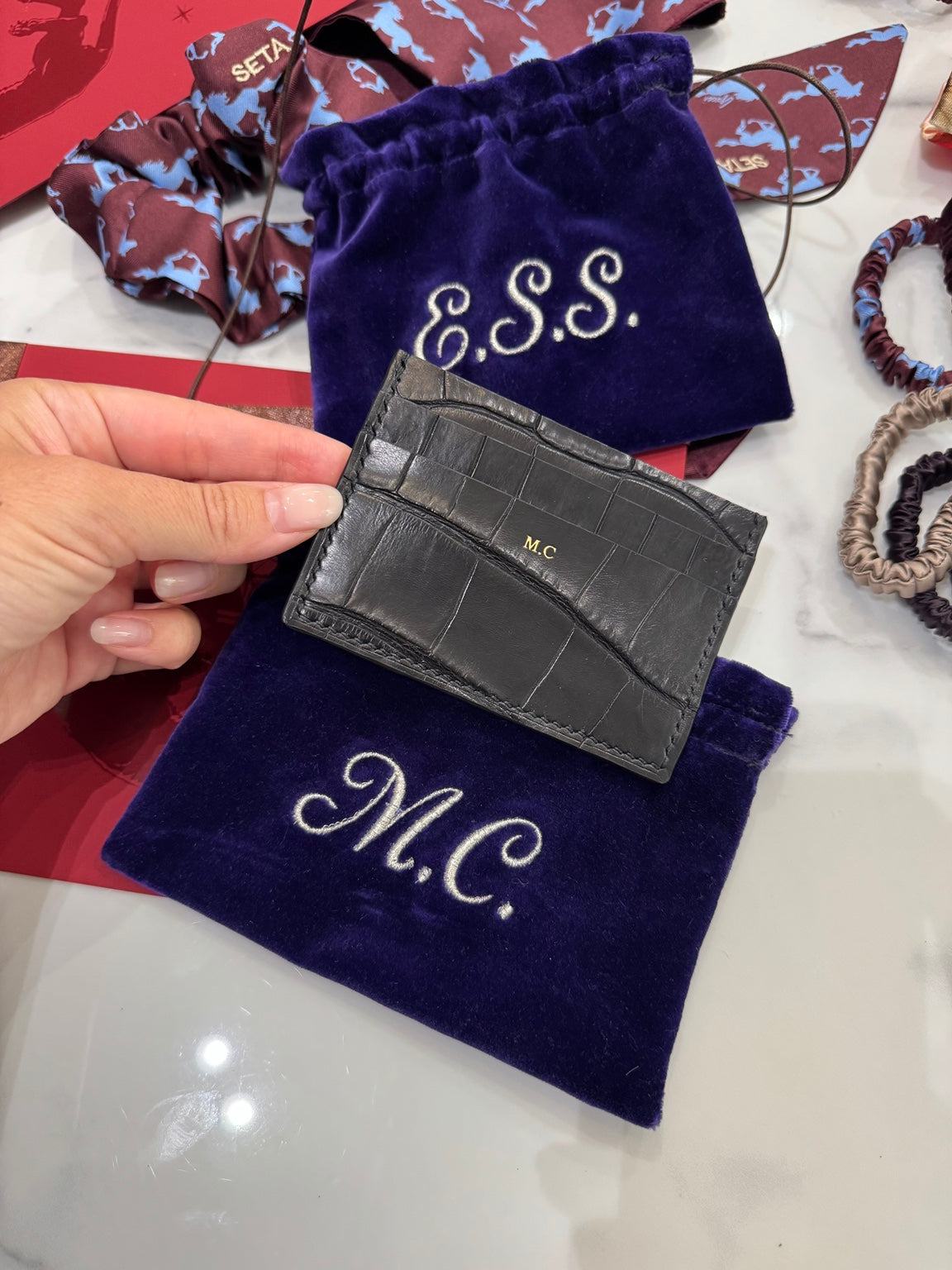 Black crocodile leather card holder with personalised initials and gift packaging
