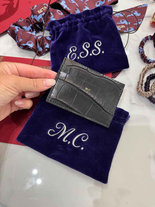 Black crocodile leather card holder with personalised initials and gift packaging